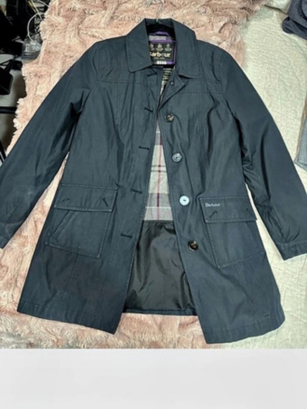 Barbour Plaid-Lined Trench Coat in Black Like New